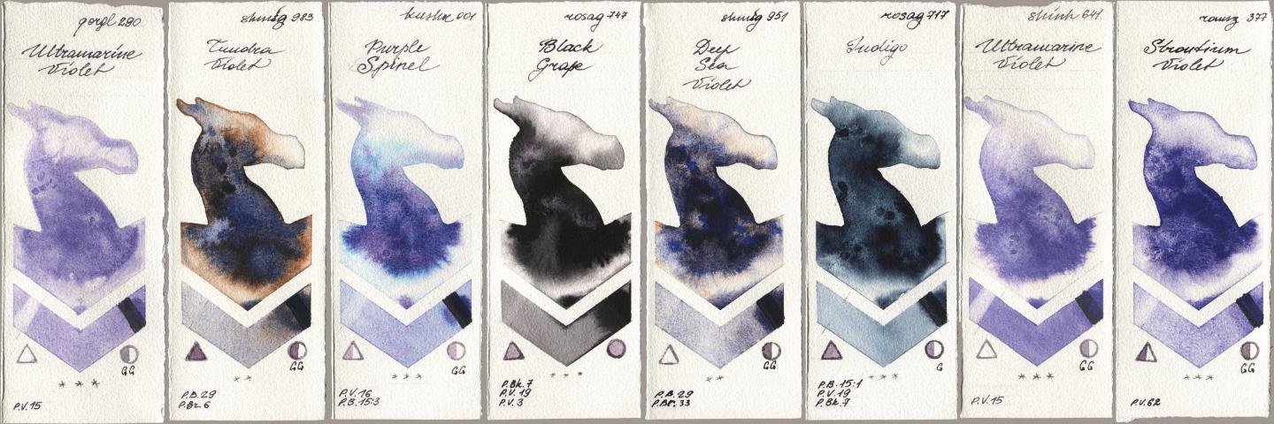 Golden QOR 290 Ultramarine Violet, Shminke Horadam Aquarell 983 Tundra Violet, Kusakabe 001 Purple Spinel, Rosa Gallery 747 Black Grape, 951 Deep Sea Violet, 717 Indigo, Shinhan PWC 641 Ultramarine Violet, Roman Szmal Aquarius 377 Strontium Viol watercolor swatch