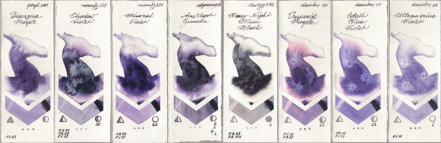 Golden QOR 295 Dioxazine Purple, Roman Szmal Aquarius 336 Shadow Violet, 334 Mineral Violet, Daniel Smith 203 Amethyst Genuine, Holbein Artists Watercolor 572 Rainy-Night Moon Back, 174 Imperial Purple, 115 Cobalt Blue Violet, 108 Ultramarine Viol watercolor swatch