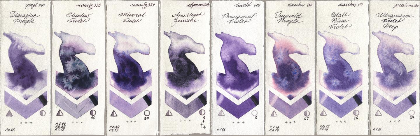 Golden QOR 295 Dioxazine Purple, Roman Szmal Aquarius 336 Shadow Violet, 334 Mineral Violet, Daniel Smith 203 Amethyst Genuine, Holbein Artists Watercolor 115 Permanent Violet, 174 Imperial Purple, 115 Cobalt Blue Violet, M. Graham & Co. Artists 194 Ultramarine Violet De watercolor swatch