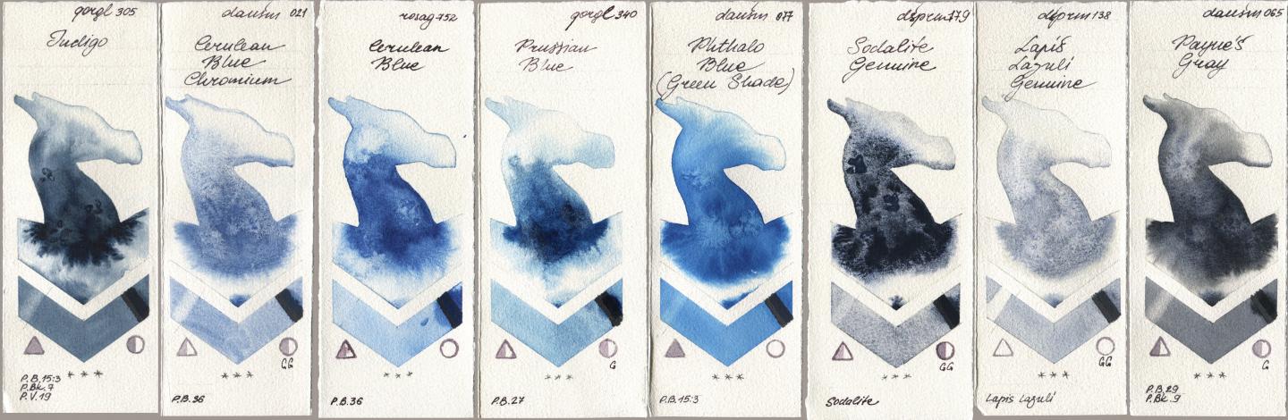Golden QOR 305 Indigo, Daniel Smith 021 Cerulean Blue Chromium, Rosa Gallery 752 Cerulean Blue, 340 Prussian Blue, 077 Phthalo Blue (Green Shade), 179 Sodalite Genuine, 138 Lapis Lazuli Genuine, 065 Paynes Gr watercolor swatch