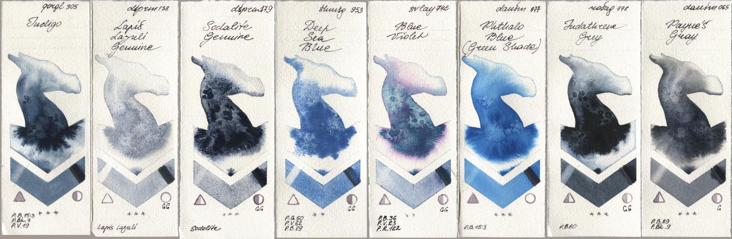 Golden QOR 305 Indigo, Daniel Smith 138 Lapis Lazuli Genuine, 179 Sodalite Genuine, Shminke Horadam Aquarell 953 Deep Sea Blue, SuperVision 742 Blue Violet, 077 Phthalo Blue (Green Shade), Rosa Gallery 778 Indanthrene Grey, 065 Paynes Gr watercolor swatch
