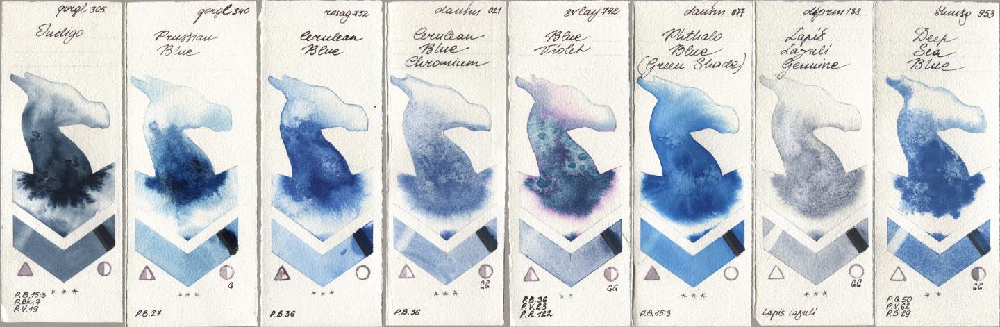 Golden QOR 305 Indigo, 340 Prussian Blue, Rosa Gallery 752 Cerulean Blue, Daniel Smith 021 Cerulean Blue Chromium, SuperVision 742 Blue Violet, 077 Phthalo Blue (Green Shade), 138 Lapis Lazuli Genuine, Shminke Horadam Aquarell 953 Deep Sea Bl watercolor swatch
