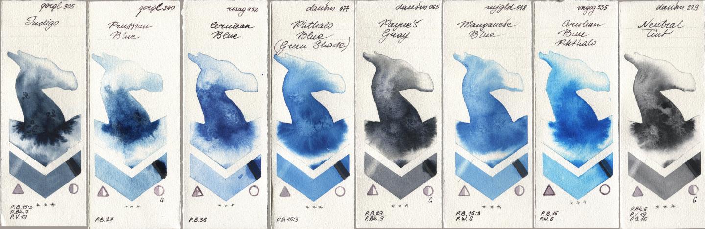 Golden QOR 305 Indigo, 340 Prussian Blue, Rosa Gallery 752 Cerulean Blue, Daniel Smith 077 Phthalo Blue (Green Shade), 065 Paynes Gray, Mijello Mission Gold 548 Manganese Blue, Royal Talens Van Gogh Watercolour 535 Cerulean Blue Phthalo, 229 Neutral Ti watercolor swatch