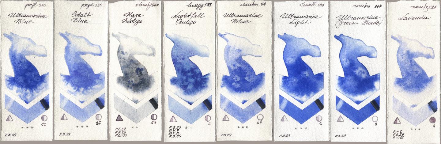 Golden QOR 310 Ultramarine Blue, 320 Cobalt Blue, Shminke Horadam Aquarell 968 Haze Indigo, Holbein Artists Watercolor 533 Nightfall Indigo, Daniel Smith 106 Ultramarine Blue, 093 Ultramarine Light, Winsor & Newton Professional 667 Ultramarine (Green Shade), Roman Szmal Aquarius 227 Laven watercolor swatch
