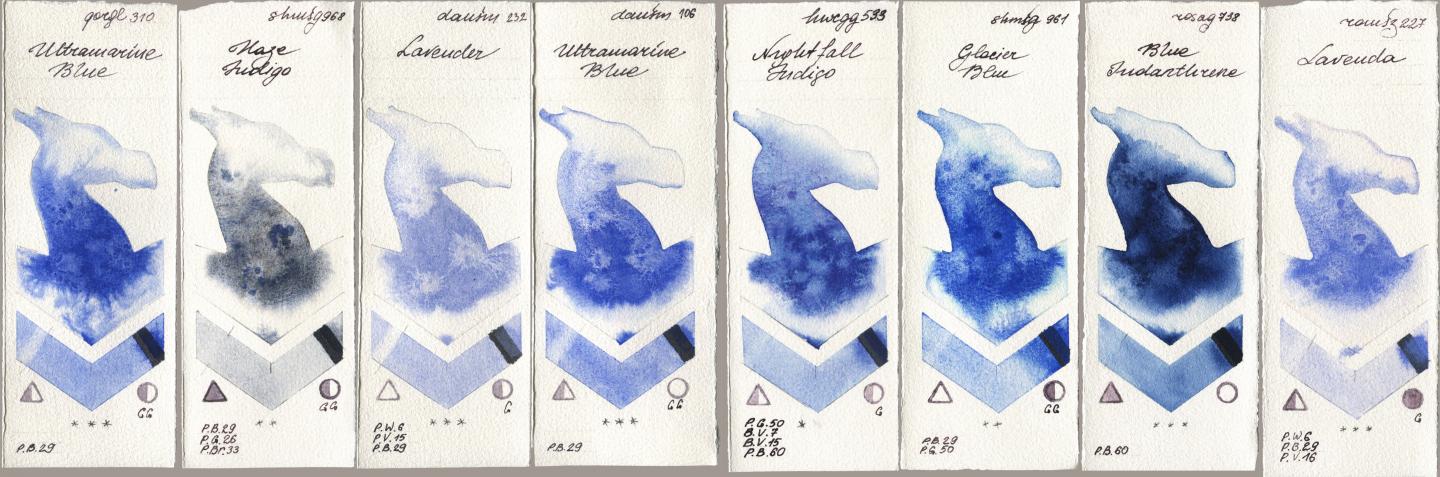 Golden QOR 310 Ultramarine Blue, Shminke Horadam Aquarell 968 Haze Indigo, Daniel Smith 232 Lavender, 106 Ultramarine Blue, Holbein Artists Watercolor 533 Nightfall Indigo, 961 Glacier Blue, Rosa Gallery 738 Blue Indanthrene, Roman Szmal Aquarius 227 Laven watercolor swatch