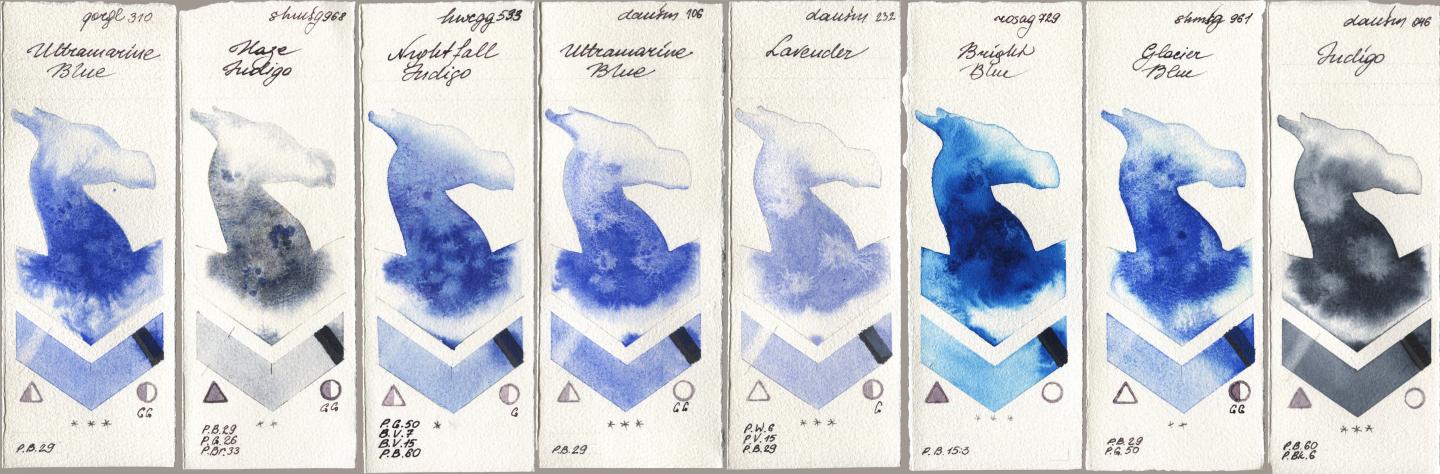 Golden QOR 310 Ultramarine Blue, Shminke Horadam Aquarell 968 Haze Indigo, Holbein Artists Watercolor 533 Nightfall Indigo, Daniel Smith 106 Ultramarine Blue, 232 Lavender, Rosa Gallery 729 Bright Blue, 961 Glacier Blue, 046 Indi watercolor swatch