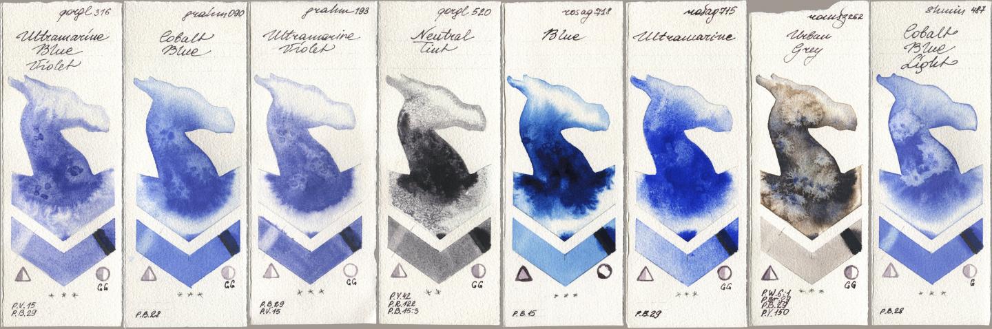 Golden QOR 316 Ultramarine Blue Violet, M. Graham & Co. Artists 090 Cobalt Blue, 193 Ultramarine Violet, 520 Neutral Tint, Rosa Gallery 718 Blue, 715 Ultramarine, Roman Szmal Aquarius 262 Urban Grey, Shminke Horadam Aquarell 487 Cobalt Blue Lig watercolor swatch