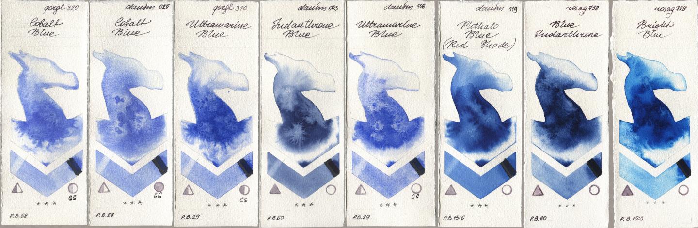 Golden QOR 320 Cobalt Blue, Daniel Smith 025 Cobalt Blue, 310 Ultramarine Blue, 043 Indanthrone Blue, 106 Ultramarine Blue, 119 Phthalo Blue (Red Shade), Rosa Gallery 738 Blue Indanthrene, 729 Bright Bl watercolor swatch