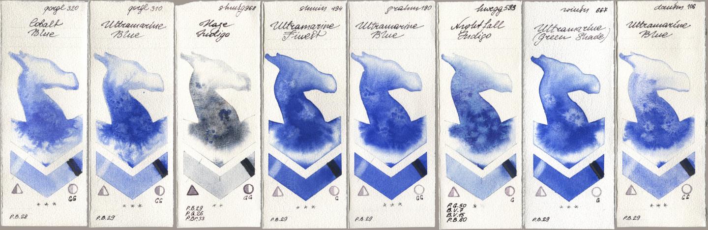 Golden QOR 320 Cobalt Blue, 310 Ultramarine Blue, Shminke Horadam Aquarell 968 Haze Indigo, 494 Ultramarine Finest, M. Graham & Co. Artists 190 Ultramarine Blue, Holbein Artists Watercolor 533 Nightfall Indigo, Winsor & Newton Professional 667 Ultramarine (Green Shade), Daniel Smith 106 Ultramarine Bl watercolor swatch