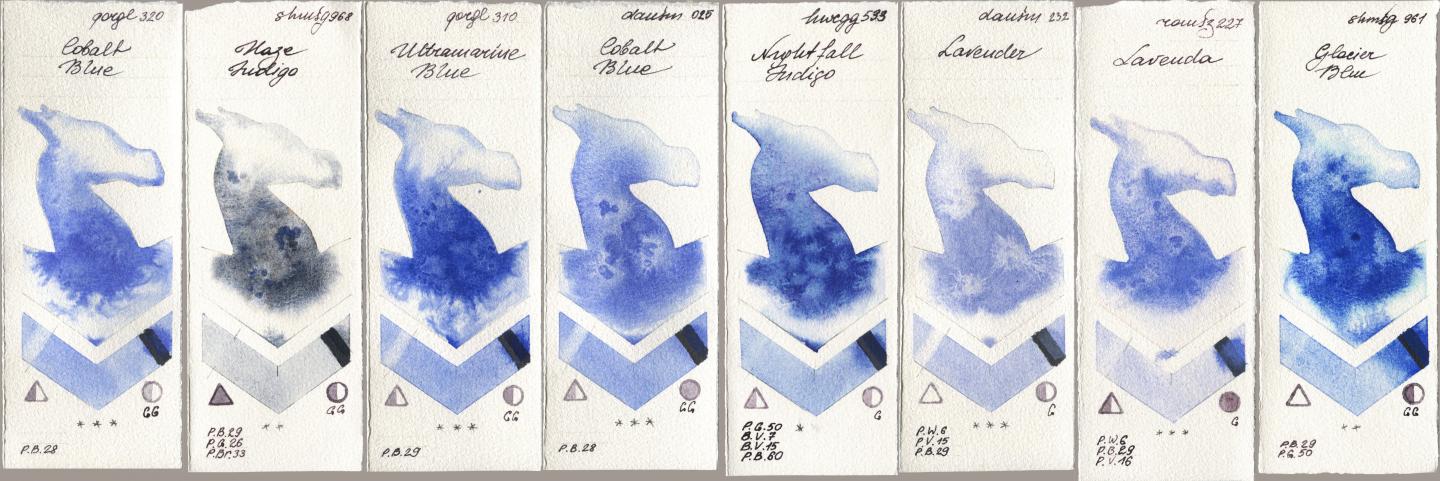 Golden QOR 320 Cobalt Blue, Shminke Horadam Aquarell 968 Haze Indigo, 310 Ultramarine Blue, Daniel Smith 025 Cobalt Blue, Holbein Artists Watercolor 533 Nightfall Indigo, 232 Lavender, Roman Szmal Aquarius 227 Lavenda, 961 Glacier Bl watercolor swatch