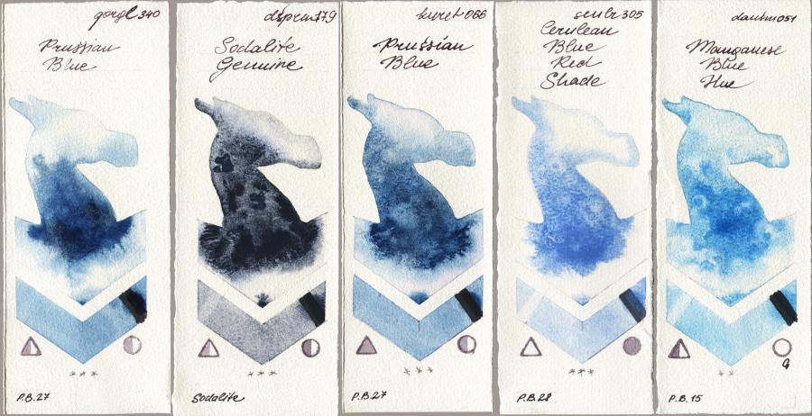 Golden QOR 340 Prussian Blue vs Daniel Smith 179 Sodalite Genuine vs Kuretake Gansai Tambi 066 Prussian Blue vs Sennelier l Aquarelle 305 Cerulean Blue Red Shade vs 051 Manganese Blue Hue watercolor swatch