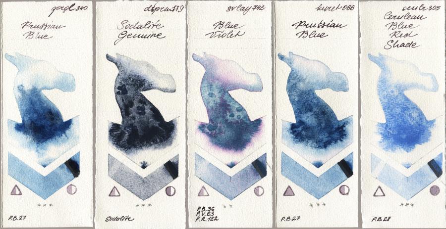 Golden QOR 340 Prussian Blue vs Daniel Smith 179 Sodalite Genuine vs SuperVision 742 Blue Violet vs Kuretake Gansai Tambi 066 Prussian Blue vs Sennelier l Aquarelle 305 Cerulean Blue Red Shade watercolor swatch