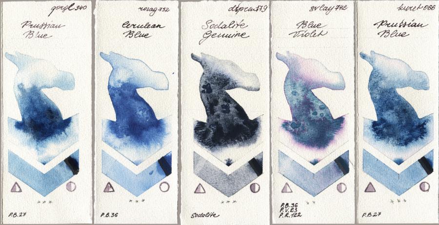Golden QOR 340 Prussian Blue vs Rosa Gallery 752 Cerulean Blue vs Daniel Smith 179 Sodalite Genuine vs SuperVision 742 Blue Violet vs Kuretake Gansai Tambi 066 Prussian Blue watercolor swatch