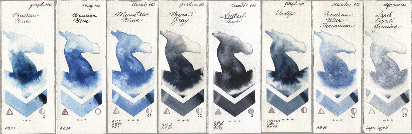 Golden QOR 340 Prussian Blue, Rosa Gallery 752 Cerulean Blue, Shminke Horadam Aquarell 480 Mountain Blue, M. Graham & Co. Artists 128 Payne’s Gray, Holbein Artists Watercolor 157 Neutral Tint, 305 Indigo, Daniel Smith 021 Cerulean Blue Chromium, 138 Lapis Lazuli Genui watercolor swatch