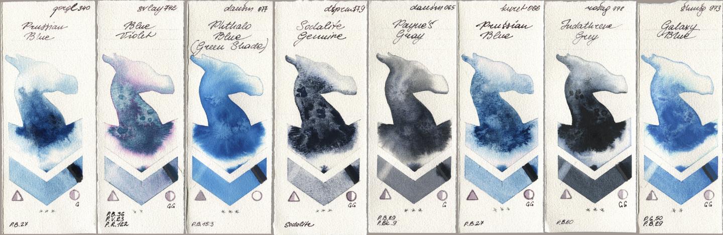 Golden QOR 340 Prussian Blue, SuperVision 742 Blue Violet, Daniel Smith 077 Phthalo Blue (Green Shade), 179 Sodalite Genuine, 065 Paynes Gray, Kuretake Gansai Tambi 066 Prussian Blue, Rosa Gallery 778 Indanthrene Grey, Shminke Horadam Aquarell 973 Galaxy Bl watercolor swatch