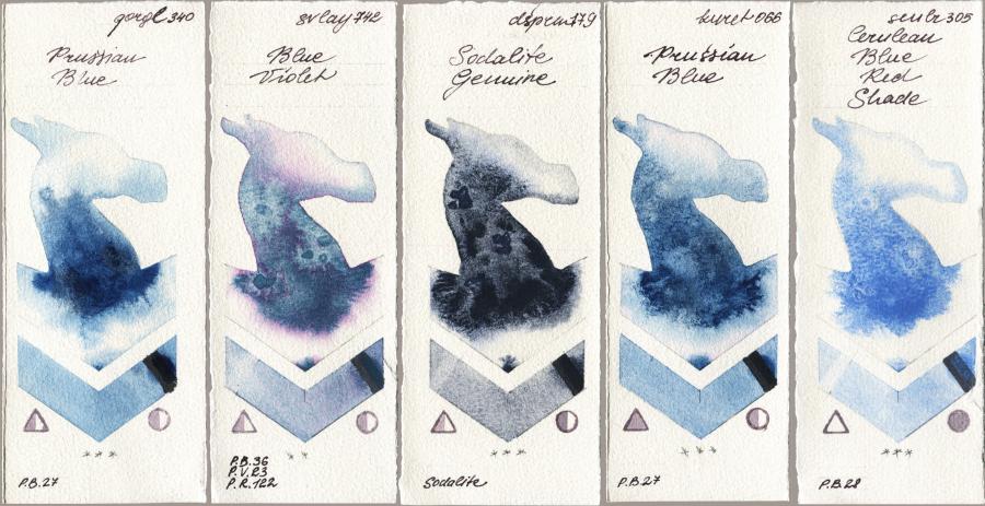 Golden QOR 340 Prussian Blue vs SuperVision 742 Blue Violet vs Daniel Smith 179 Sodalite Genuine vs Kuretake Gansai Tambi 066 Prussian Blue vs Sennelier l Aquarelle 305 Cerulean Blue Red Shade watercolor swatch