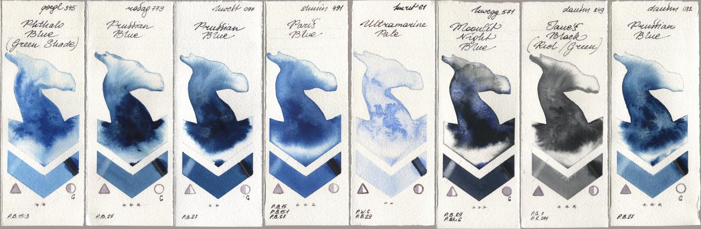 Golden QOR 345 Phthalo Blue (Green Shade), Rosa Gallery 779 Prussian Blue, Holbein Artists Watercolor 097 Prussian Blue, Shminke Horadam Aquarell 491 Paris Blue, Kuretake Gansai Tambi 061 Ultramarine Pale, 571 Moonlit Night Blue, Daniel Smith 249 Janes Black (Red/Green), 082 Prussian Bl watercolor swatch