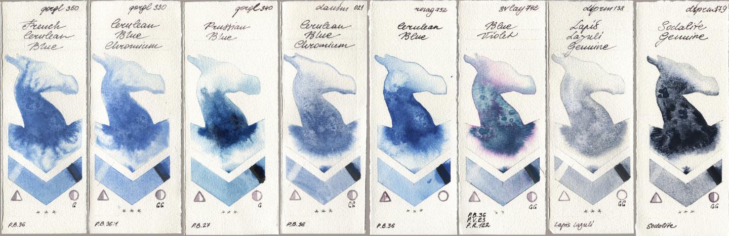 Golden QOR 350 French Cerulean Blue, 330 Cerulean Blue, Chromium, 340 Prussian Blue, Daniel Smith 021 Cerulean Blue Chromium, Rosa Gallery 752 Cerulean Blue, SuperVision 742 Blue Violet, 138 Lapis Lazuli Genuine, 179 Sodalite Genui watercolor swatch