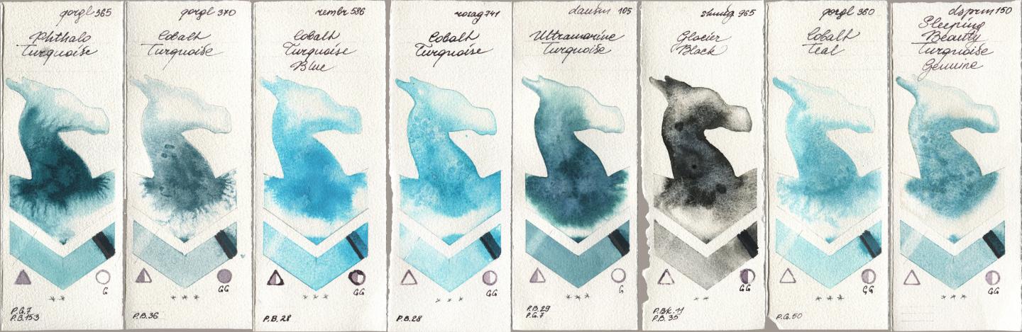 Golden QOR 365 Phthalo Turquoise, 370 Cobalt Turquoise, Royal Talens Rembrandt Watercolour 586 Cobalt Turquoise Blue, Rosa Gallery 741 Cobalt Turquoise, Daniel Smith 105 Ultramarine Turquoise, Shminke Horadam Aquarell 965 Glacier Black, 360 Cobalt Teal, 150 Sleeping Beauty Turquoise Genui watercolor swatch