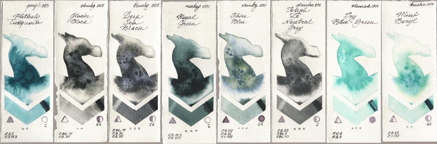 Golden QOR 365 Phthalo Turquoise, Shminke Horadam Aquarell 965 Glacier Black, 955 Deep Sea Black, Rosa Gallery 780 Royal Green, 934 Shire Blue, Daniel Smith 244 Joseph Zs Neutral Grey, Shminke Akademie Aquarell 914 Icy Blue-Green, Kusakabe 007 Mint Ber watercolor swatch