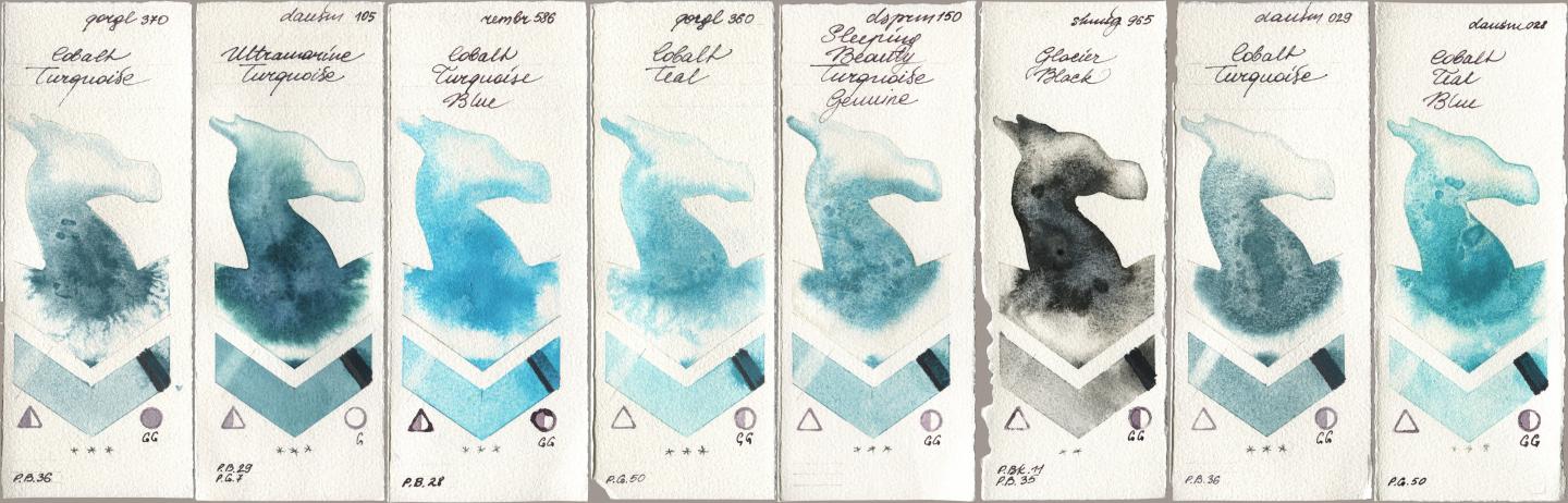 Golden QOR 370 Cobalt Turquoise, Daniel Smith 105 Ultramarine Turquoise, Royal Talens Rembrandt Watercolour 586 Cobalt Turquoise Blue, 360 Cobalt Teal, 150 Sleeping Beauty Turquoise Genuine, Shminke Horadam Aquarell 965 Glacier Black, 029 Cobalt Turquoise, 028 Cobalt Teal Bl watercolor swatch