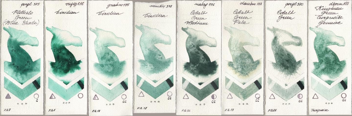 Golden QOR 375 Phthalo Green (Blue Shade), Royal Talens Van Gogh Watercolour 616 Viridian, M. Graham & Co. Artists 195 Viridian, Maimeri Blu 348 Viridian, Rosa Gallery 776 Cobalt Green Medium, Daniel Smith 027 Cobalt Green Pale, 390 Cobalt Green, 155 Kingman Green Turquoise Genui watercolor swatch