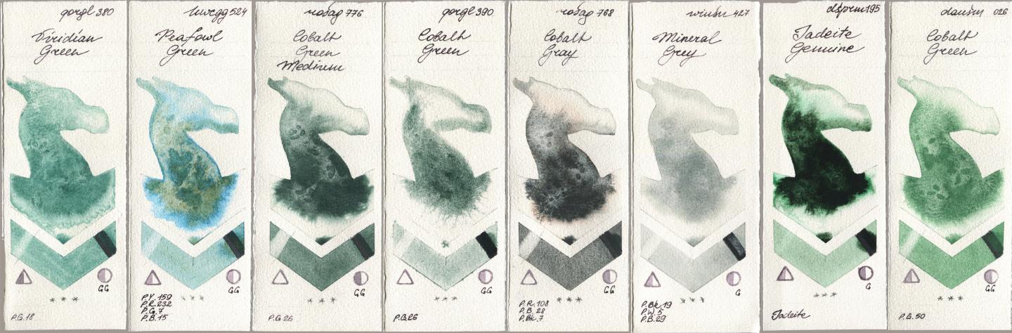 Golden QOR 380 Viridian Green, Holbein Artists Watercolor 524 Peafowl Green, Rosa Gallery 776 Cobalt Green Medium, 390 Cobalt Green, 768 Cobalt Gray, Winsor & Newton Professional 427 Mineral Grey, Daniel Smith 195 Jadeite Genuine, 026 Cobalt Gre watercolor swatch