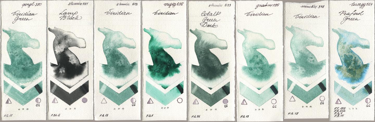Golden QOR 380 Viridian Green, Shminke Horadam Aquarell 781 Lamp Black, 513 Viridian, Royal Talens Van Gogh Watercolour 616 Viridian, 533 Cobalt Green Dark, M. Graham & Co. Artists 195 Viridian, Maimeri Blu 348 Viridian, Holbein Artists Watercolor 524 Peafowl Gre watercolor swatch