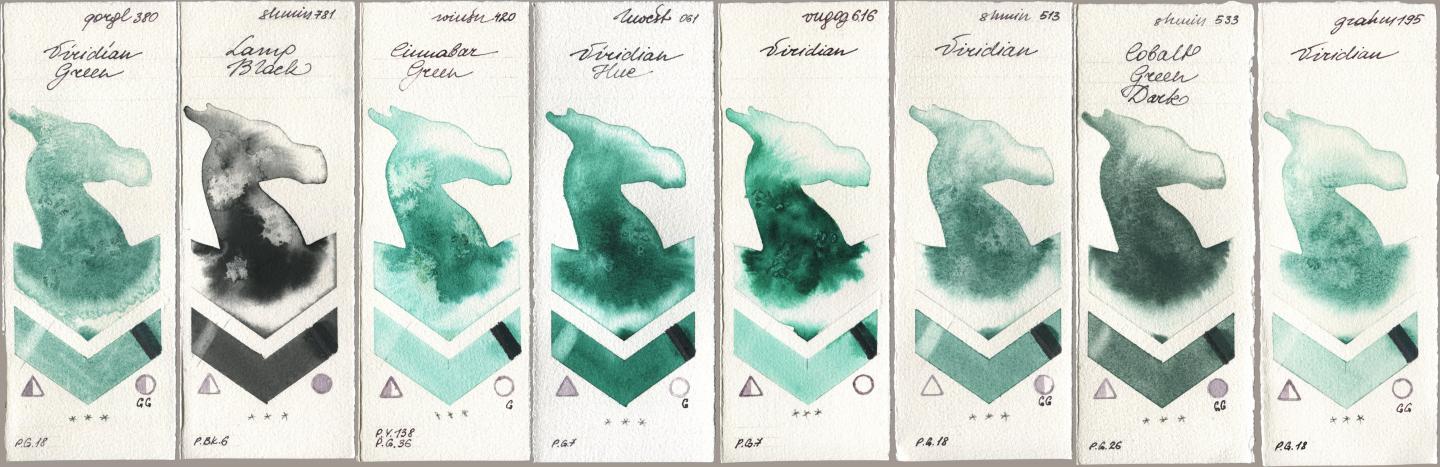 Golden QOR 380 Viridian Green, Shminke Horadam Aquarell 781 Lamp Black, Winsor & Newton Professional 420 Cinnabar Green, Holbein Artists Watercolor 061 Virdian Hue, Royal Talens Van Gogh Watercolour 616 Viridian, 513 Viridian, 533 Cobalt Green Dark, M. Graham & Co. Artists 195 Viridi watercolor swatch