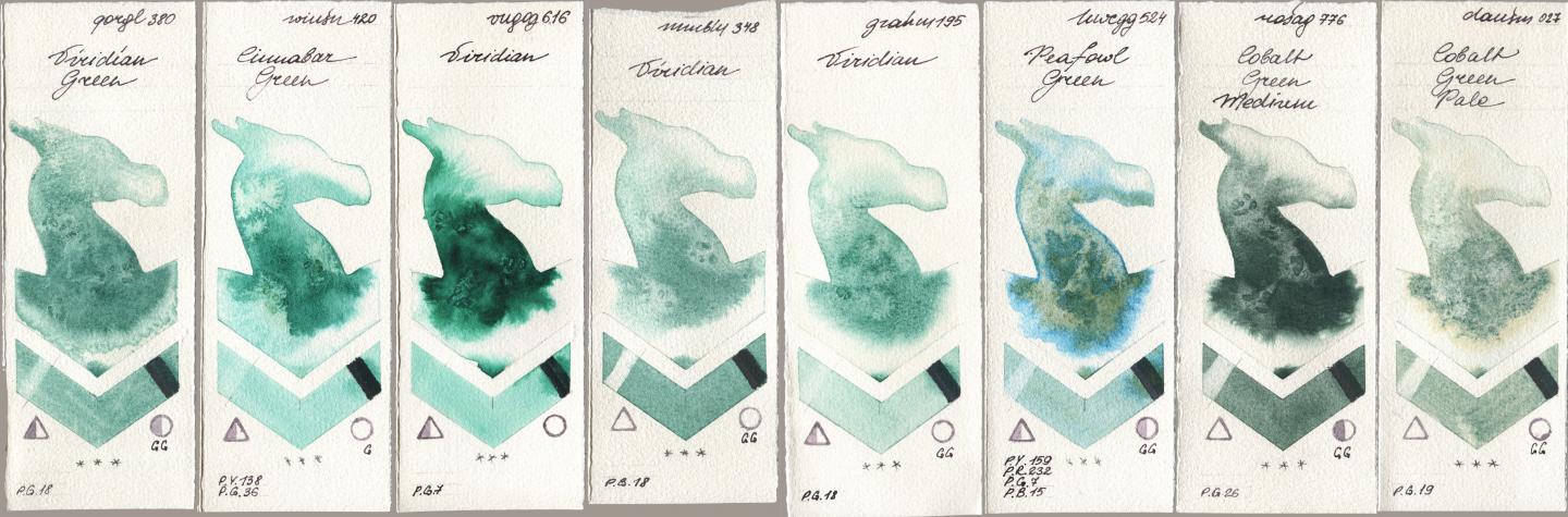 Golden QOR 380 Viridian Green, Winsor & Newton Professional 420 Cinnabar Green, Royal Talens Van Gogh Watercolour 616 Viridian, Maimeri Blu 348 Viridian, M. Graham & Co. Artists 195 Viridian, Holbein Artists Watercolor 524 Peafowl Green, Rosa Gallery 776 Cobalt Green Medium, Daniel Smith 027 Cobalt Green Pa watercolor swatch