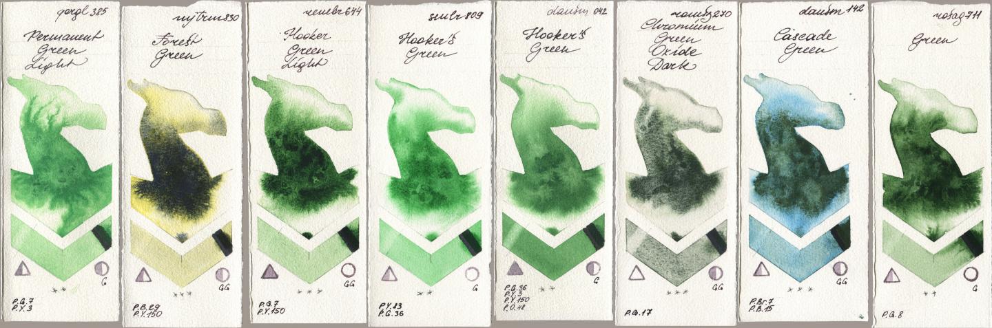 Golden QOR 385 Permanent Green Light, Mijello Mission Gold 830 Forest Green, Royal Talens Rembrandt Watercolour 644 Hooker Green Light, Sennelier l Aquarelle 809 Hookers Green, Daniel Smith 042 Hookers Green, Roman Szmal Aquarius 270 Chromium Green Oxide Dark, 142 Cascade Green, Rosa Gallery 711 Gre watercolor swatch
