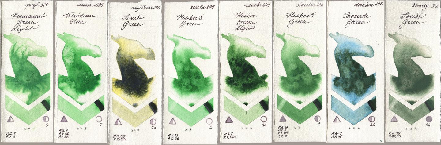 Golden QOR 385 Permanent Green Light, Winsor & Newton Professional 696 Viridian Hue, Mijello Mission Gold 830 Forest Green, Sennelier l Aquarelle 809 Hookers Green, Royal Talens Rembrandt Watercolour 644 Hooker Green Light, Daniel Smith 042 Hookers Green, 142 Cascade Green, Shminke Horadam Aquarell 942 Forest Gre watercolor swatch