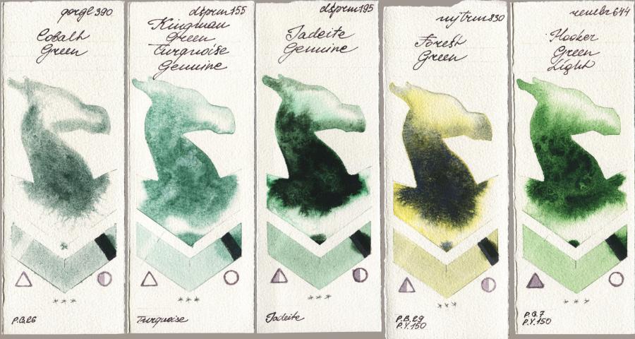 Golden QOR 390 Cobalt Green vs Daniel Smith 155 Kingman Green Turquoise Genuine vs 195 Jadeite Genuine vs Mijello Mission Gold 830 Forest Green vs Royal Talens Rembrandt Watercolour 644 Hooker Green Light watercolor swatch