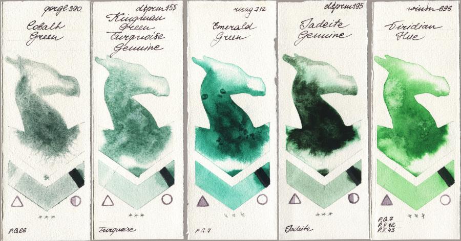 Golden QOR 390 Cobalt Green vs Daniel Smith 155 Kingman Green Turquoise Genuine vs Rosa Gallery 712 Emerald Green vs 195 Jadeite Genuine vs Winsor & Newton Professional 696 Viridian Hue watercolor swatch