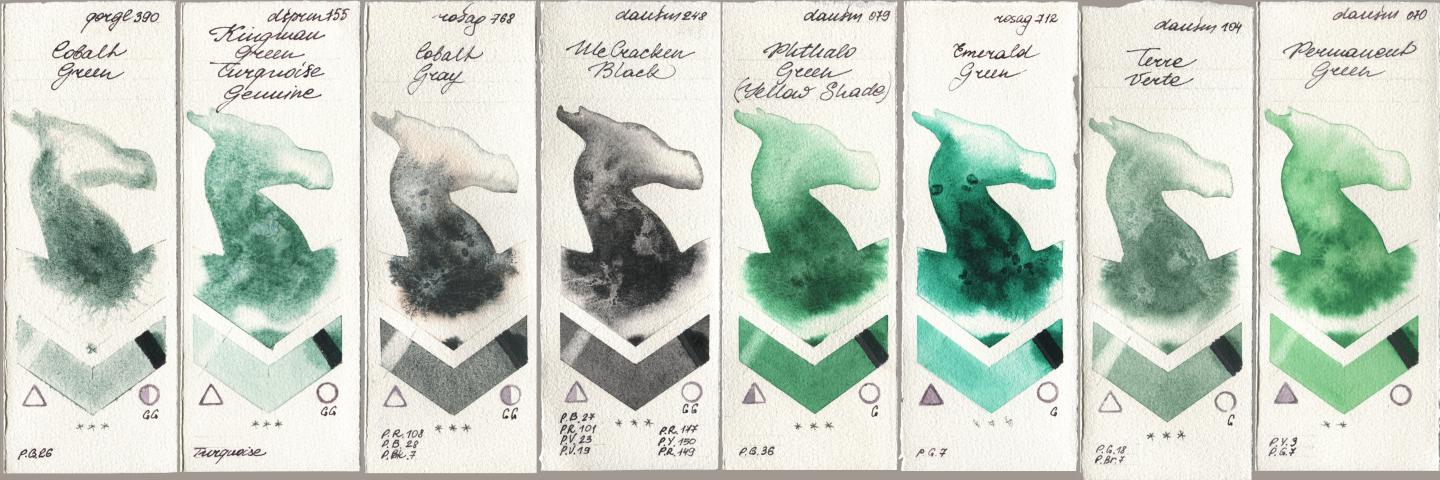 Golden QOR 390 Cobalt Green, Daniel Smith 155 Kingman Green Turquoise Genuine, Rosa Gallery 768 Cobalt Gray, 248 McCracken Black, 079 Phthalo Green (Yellow Shade), 712 Emerald Green, 104 Terre Verte, 070 Permanent Gre watercolor swatch