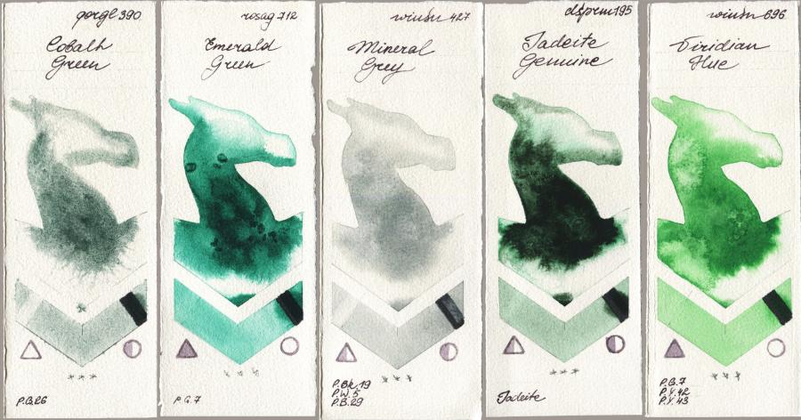 Golden QOR 390 Cobalt Green vs Rosa Gallery 712 Emerald Green vs Winsor & Newton Professional 427 Mineral Grey vs Daniel Smith 195 Jadeite Genuine vs 696 Viridian Hue watercolor swatch