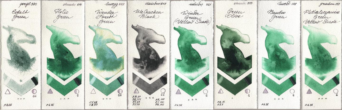 Golden QOR 390 Cobalt Green, Shminke Horadam Aquarell 514 Helio Green, Holbein Artists Watercolor 523 Wonder Forest Green, Daniel Smith 248 McCracken Black, Winsor & Newton Professional 721 Winsor Green (Yellow shade), 515 Green Olive, 078 Bamboo Green, M. Graham & Co. Artists 151 Phthalocyanine Green Yellow Sha watercolor swatch
