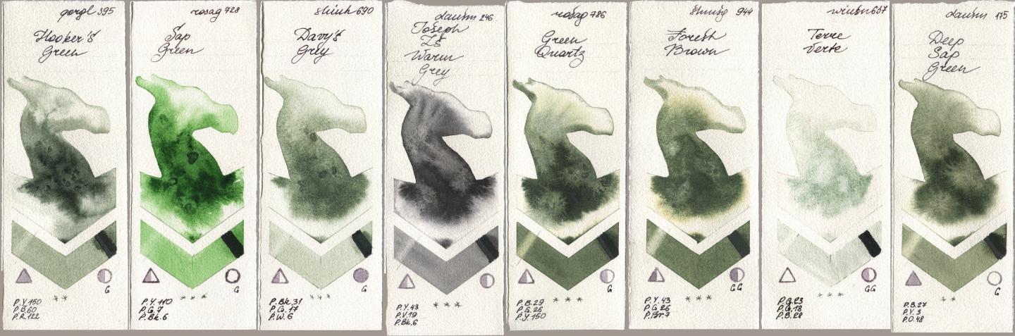 Golden QOR 395 Hookers Green, Rosa Gallery 728 Sap Green, Shinhan PWC 690 Davys Grey, Daniel Smith 246 Joseph Zs Warm Grey, 786 Green Quartz, Shminke Horadam Aquarell 944 Forest Brown, Winsor & Newton Professional 637 Terre Verte, 175 Deep Sap Gre watercolor swatch