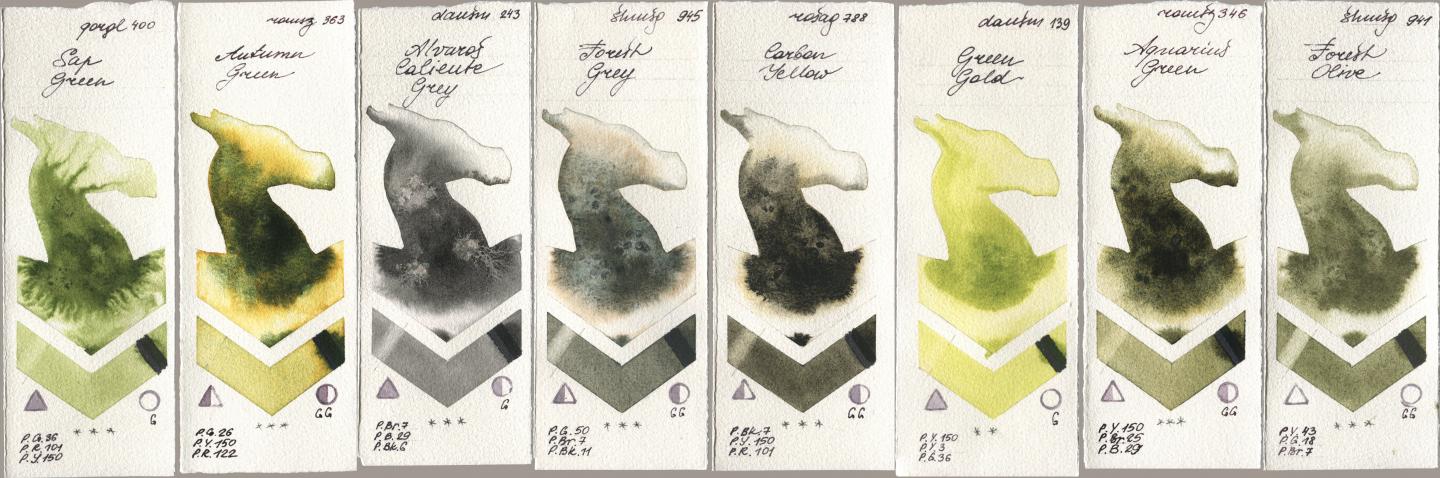 Golden QOR 400 Sap Green, Roman Szmal Aquarius 363 Autumn Green, Daniel Smith 243 Alvaros Caliente Grey, Shminke Horadam Aquarell 945 Forest Grey, Rosa Gallery 788 Carbon Yellow, 139 Green Gold, 346 Aquarius Green, 941 Forest Oli watercolor swatch