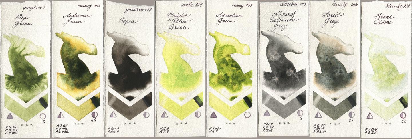 Golden QOR 400 Sap Green, Roman Szmal Aquarius 363 Autumn Green, M. Graham & Co. Artists 178 Sepia, Sennelier l Aquarelle 871 Bright Yellow Green, Rosa Gallery 755 Aureoline Green, Daniel Smith 243 Alvaros Caliente Grey, Shminke Horadam Aquarell 945 Forest Grey, 932 Shire Oli watercolor swatch