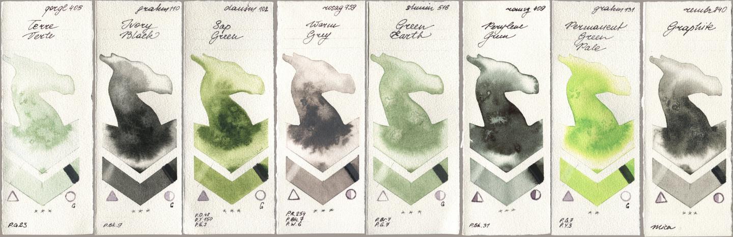 Golden QOR 405 Terre Verte, M. Graham & Co. Artists 110 Ivory Black, Daniel Smith 102 Sap Green, Rosa Gallery 759 Warm Grey, Shminke Horadam Aquarell 516 Green Earth, Roman Szmal Aquarius 409 Perylene Green, 131 Permanent Green Pale, Royal Talens Rembrandt Watercolour 840 Graphi watercolor swatch