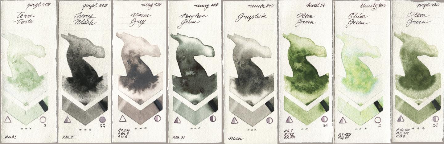 Golden QOR 405 Terre Verte, 505 Ivory Black, Rosa Gallery 759 Warm Grey, Roman Szmal Aquarius 409 Perylene Green, Royal Talens Rembrandt Watercolour 840 Graphite, Kuretake Gansai Tambi 054 Olive Green, Shminke Horadam Aquarell 933 Shire Green, 420 Olive Gre watercolor swatch