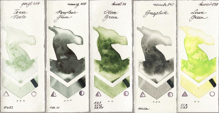 Golden QOR 405 Terre Verte vs Roman Szmal Aquarius 409 Perylene Green vs Kuretake Gansai Tambi 054 Olive Green vs Royal Talens Rembrandt Watercolour 840 Graphite vs 059 Lime Green watercolor swatch