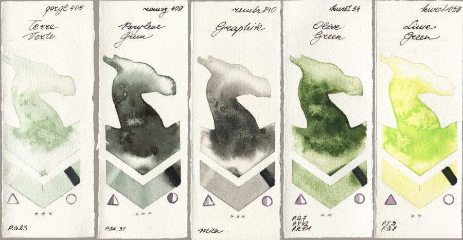 Golden QOR 405 Terre Verte vs Roman Szmal Aquarius 409 Perylene Green vs Royal Talens Rembrandt Watercolour 840 Graphite vs Kuretake Gansai Tambi 054 Olive Green vs 059 Lime Green watercolor swatch
