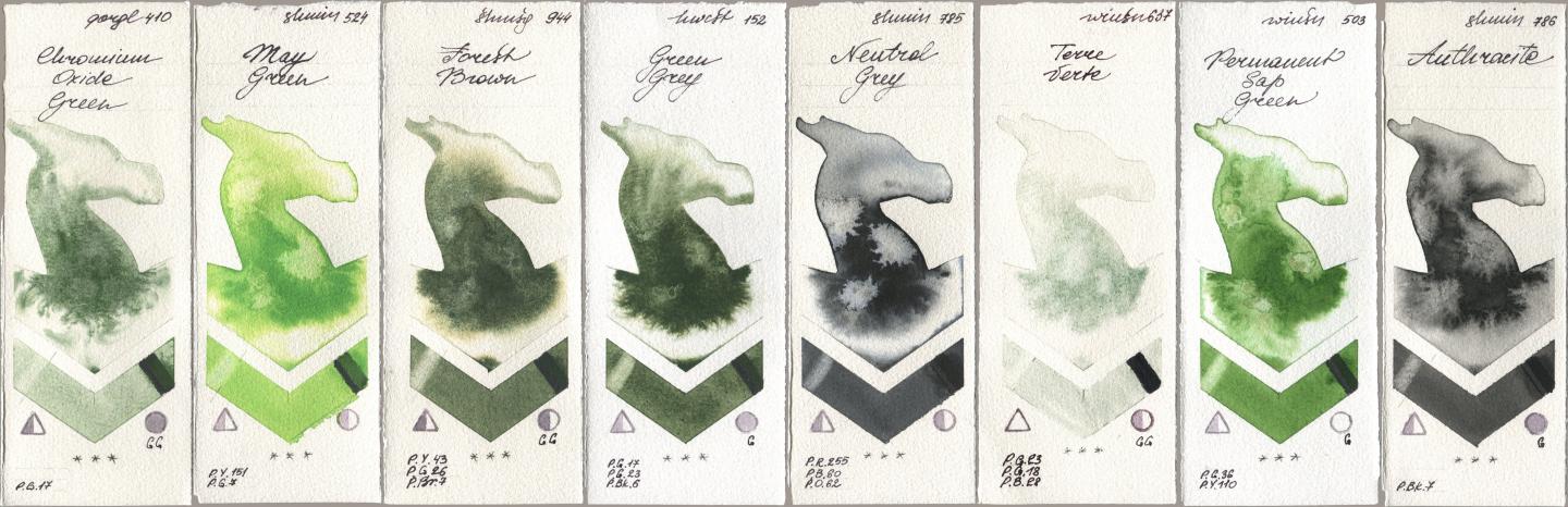 Golden QOR 410 Chromium Oxide Green, Shminke Horadam Aquarell 524 May Green, 944 Forest Brown, Holbein Artists Watercolor 152 Green Grey, 785 Neutral Grey, Winsor & Newton Professional 637 Terre Verte, 503 Permanent Sap Green, 786 Anthraci watercolor swatch