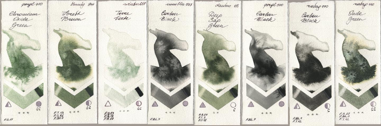 Golden QOR 410 Chromium Oxide Green, Shminke Horadam Aquarell 944 Forest Brown, Winsor & Newton Professional 637 Terre Verte, Maimeri Blu 537 Carbon Black, Daniel Smith 175 Deep Sap Green, 500 Carbon Black, Rosa Gallery 770 Carbon Black, 766 Jade Gre watercolor swatch
