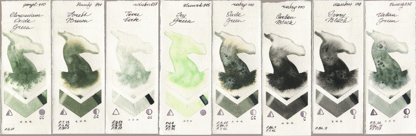 Golden QOR 410 Chromium Oxide Green, Shminke Horadam Aquarell 944 Forest Brown, Winsor & Newton Professional 637 Terre Verte, Shminke Akademie Aquarell 915 Icy Green, Rosa Gallery 766 Jade Green, 770 Carbon Black, Daniel Smith 048 Ivory Black, 936 Urban Gre watercolor swatch