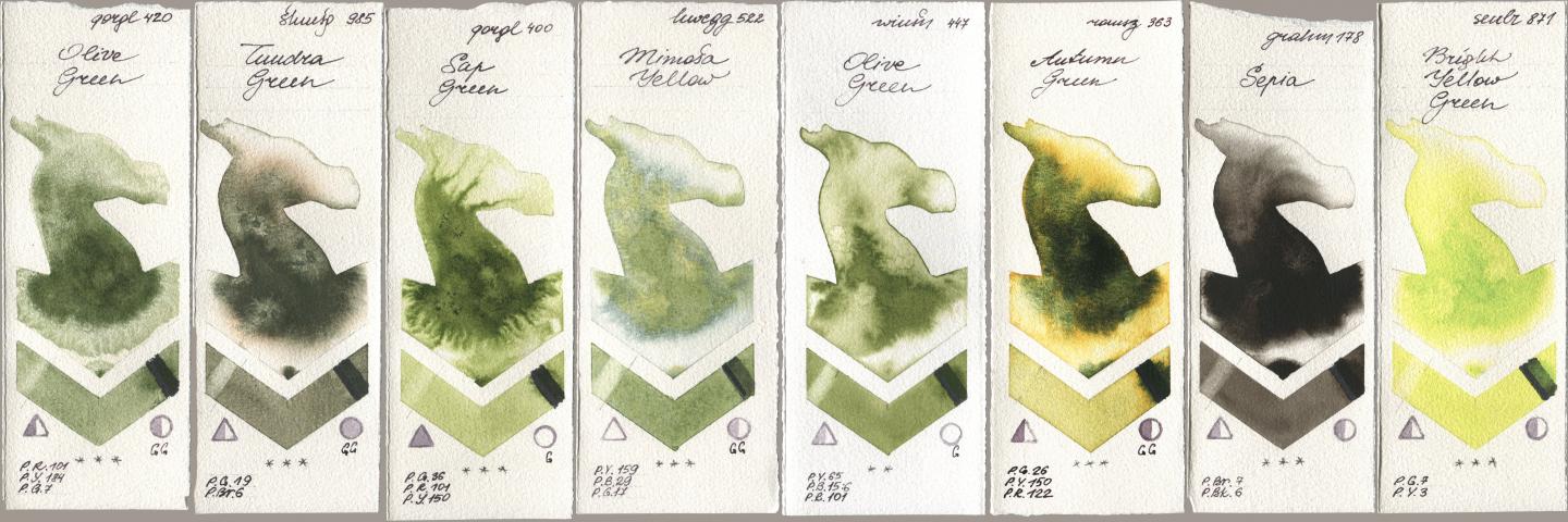 Golden QOR 420 Olive Green, Shminke Horadam Aquarell 985 Tundra Green, 400 Sap Green, Holbein Artists Watercolor 522 Mimosa Yellow, Winsor & Newton Professional 447 Olive Green, Roman Szmal Aquarius 363 Autumn Green, M. Graham & Co. Artists 178 Sepia, Sennelier l Aquarelle 871 Bright Yellow Gre watercolor swatch