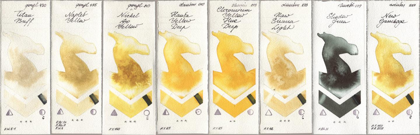 Golden QOR 430 Titan Buff, 435 Naples Yellow, 140 Nickel Azo Yellow, Daniel Smith 040 Hansa Yellow Deep, Shminke Horadam Aquarell 213 Chrome Yellow Deep LF (Chromium Yellow Hue Deep), 233 Raw Sienna Light, Holbein Artists Watercolor 079 Shadow Green, Winsor & Newton Professional 267 New Gambo watercolor swatch