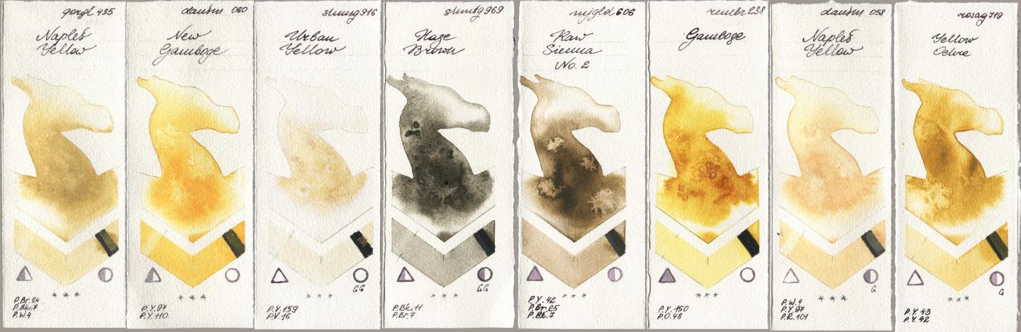 Golden QOR 435 Naples Yellow, Daniel Smith 060 New Gamboge, Shminke Horadam Aquarell 916 Urban Yellow, 969 Haze Brown, Mijello Mission Gold 606 Raw Sienna No 2, Royal Talens Rembrandt Watercolour 238 Gamboge, 058 Naples Yellow, Rosa Gallery 719 Yellow Och watercolor swatch